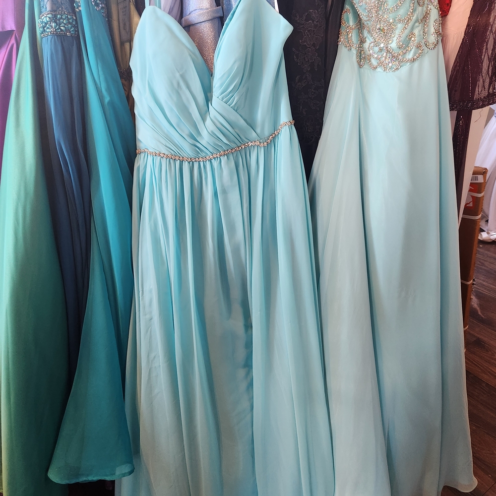 Jax Light Blue Prom Dress with Beaded Waist